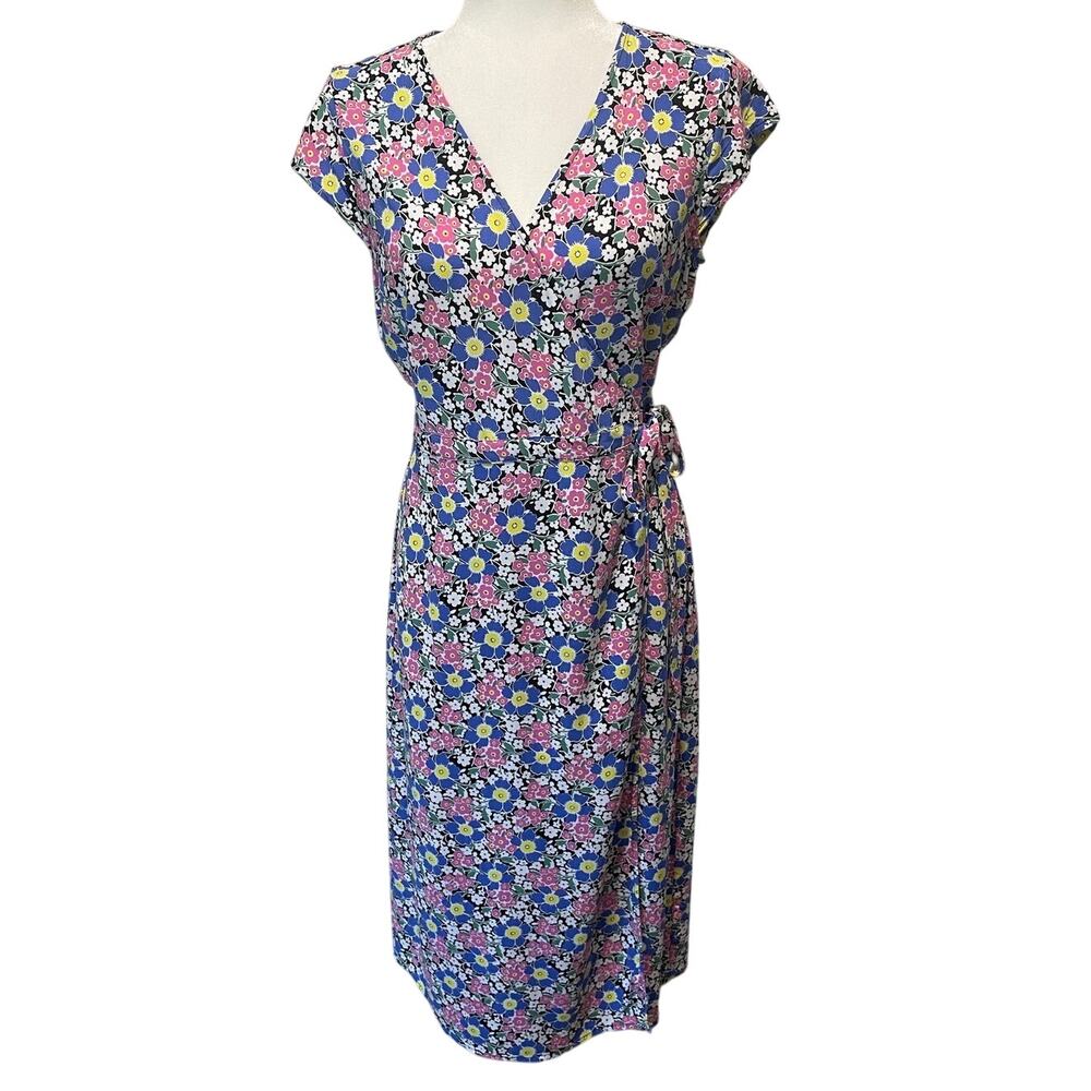 J. Crew Midi Wrap Dress Sz S Floral V-Neck Cap Sleeve Cottagecore Pink Blue